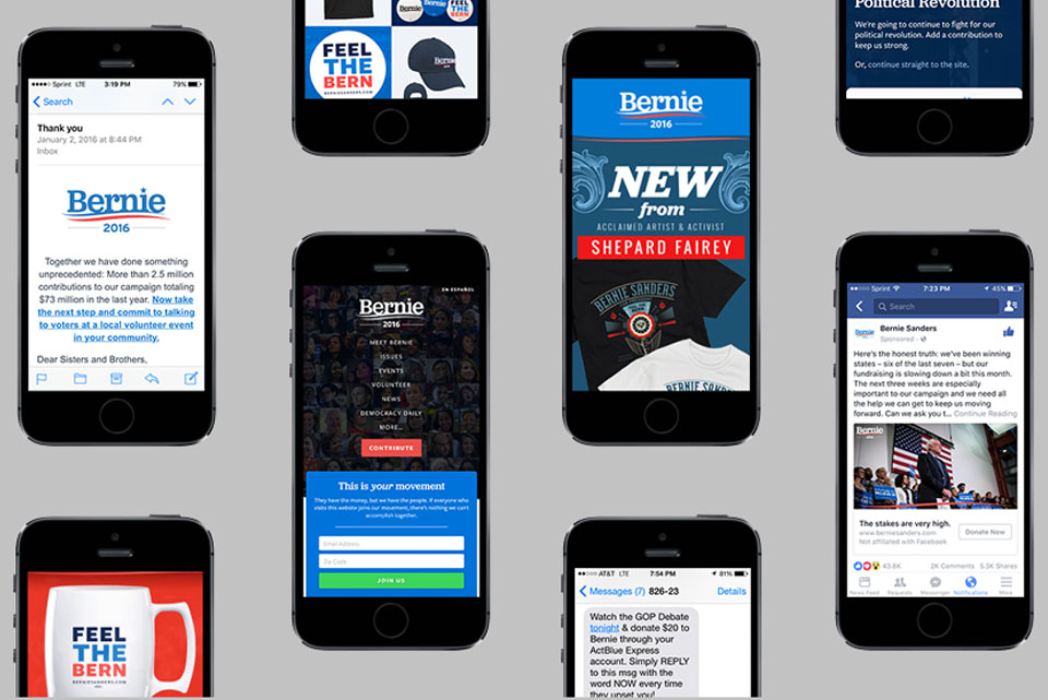 mobile phones showing Bernie ads