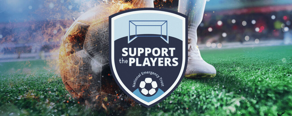 Support the Players logo on top of an image of a foot kicking a soccer ball.