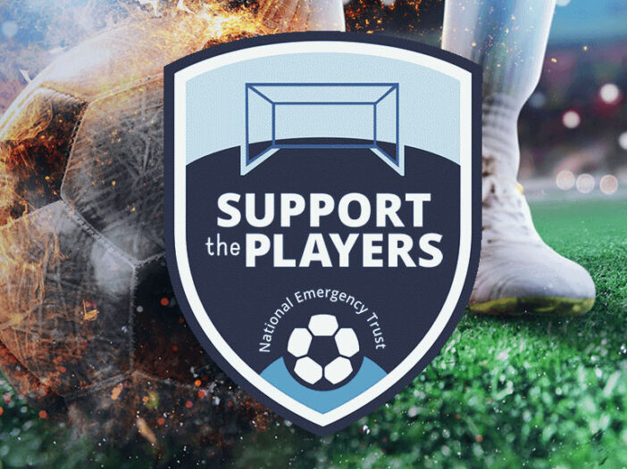 Support the Players logo on top of an image of a foot kicking a soccer ball.