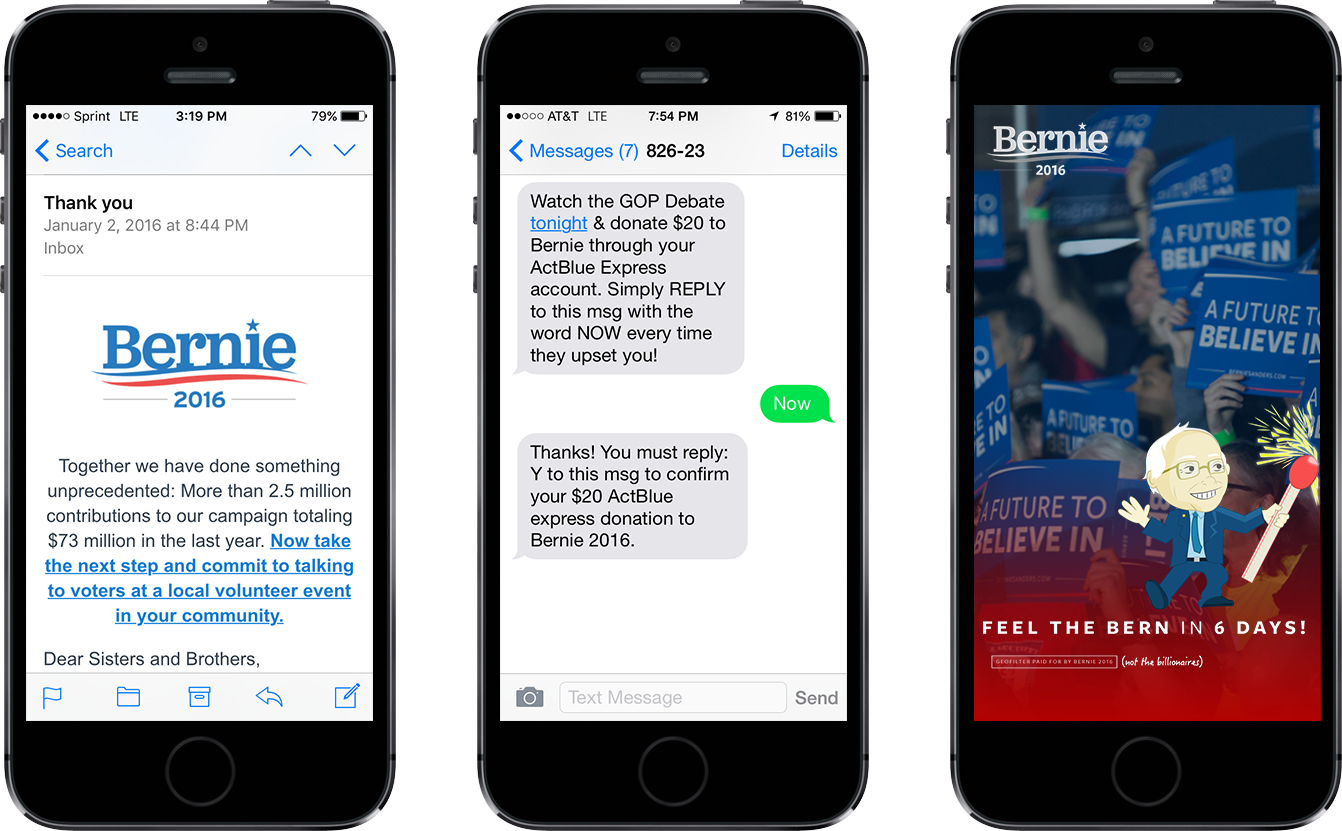 3 mobile phones showing digital campaigns for Bernie 2016